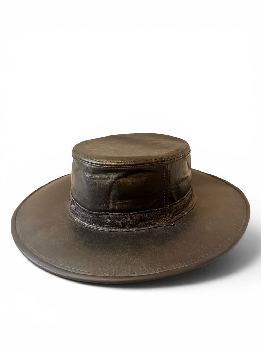 Henschel Vintage Black Leather BOHO Wide-Brim Hat sm